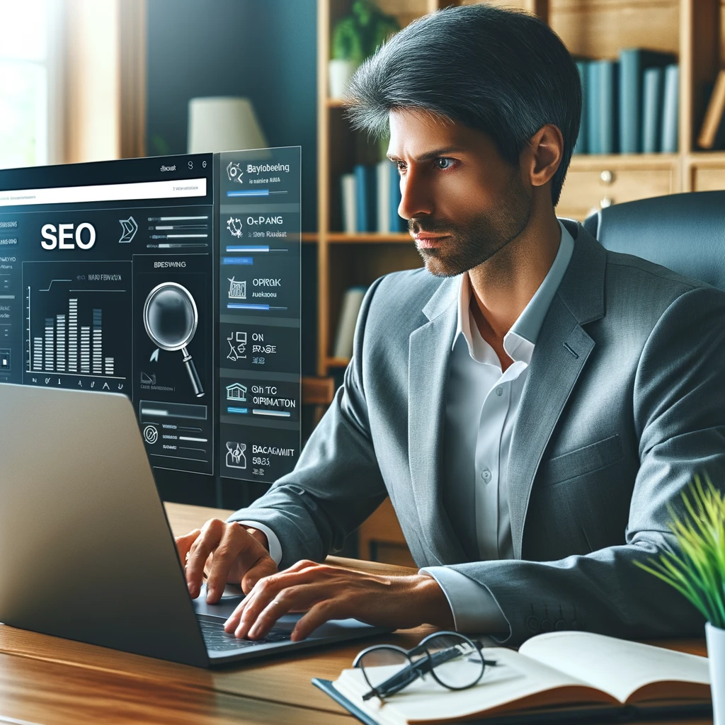 A business owner sitting at a desk, using a laptop to optimize SEO for their website. The laptop screen displays SEO tools and analytics, including keyword research, on-page optimization, and backlink tracking. The business owner appears focused and engaged, with notes and charts on the desk. The background includes a bookshelf with business books and a window with natural light, creating a productive workspace atmosphere.