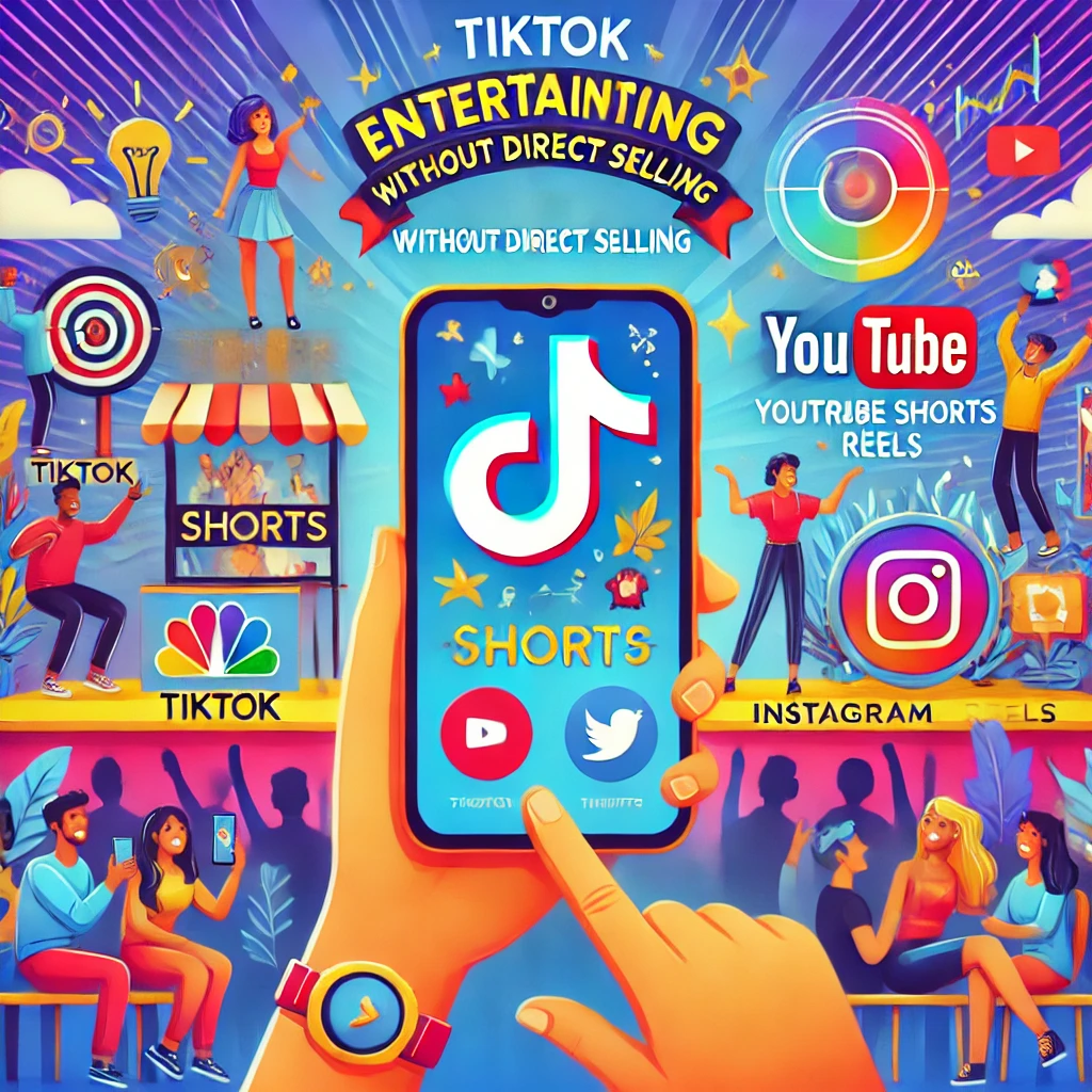 An illustration depicting the use of TikTok, YouTube Shorts, and Instagram Reels for business. A smartphone displays a fun and entertaining short-form video, surrounded by icons of the three platforms. In the background, a diverse group of people engage with the content, highlighting humor, trends, and creativity. The image emphasizes building engagement and trust through authentic and entertaining content without direct selling.